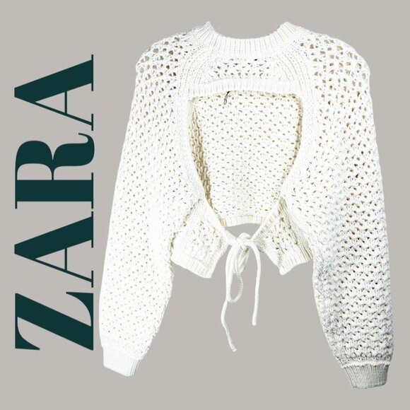 NWOT ZARA OPEN BACK CROPPED CHUNKY KNIT SWEATER, SIZE MEDIUM - Picture 3 of 9